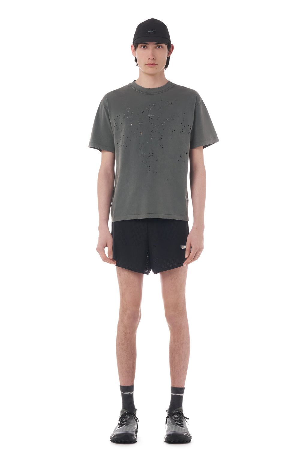 MothTech T-Shirt Faded Black by Satisfy, worn full body