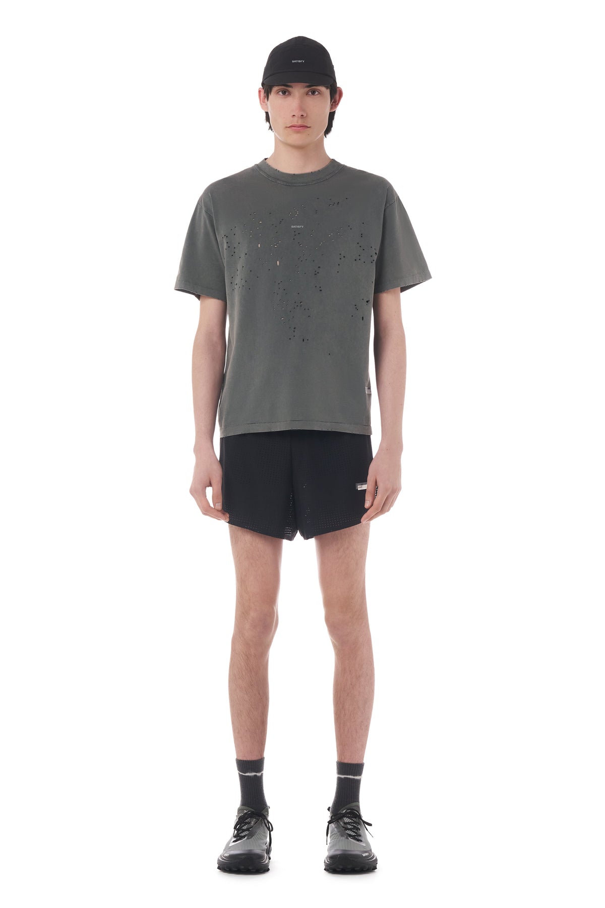 MothTech T-Shirt Faded Black by Satisfy, worn full body