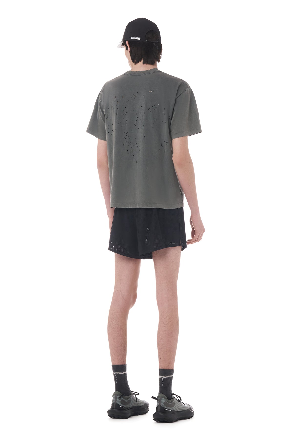 MothTech T-Shirt Faded Black by Satisfy, worn full body