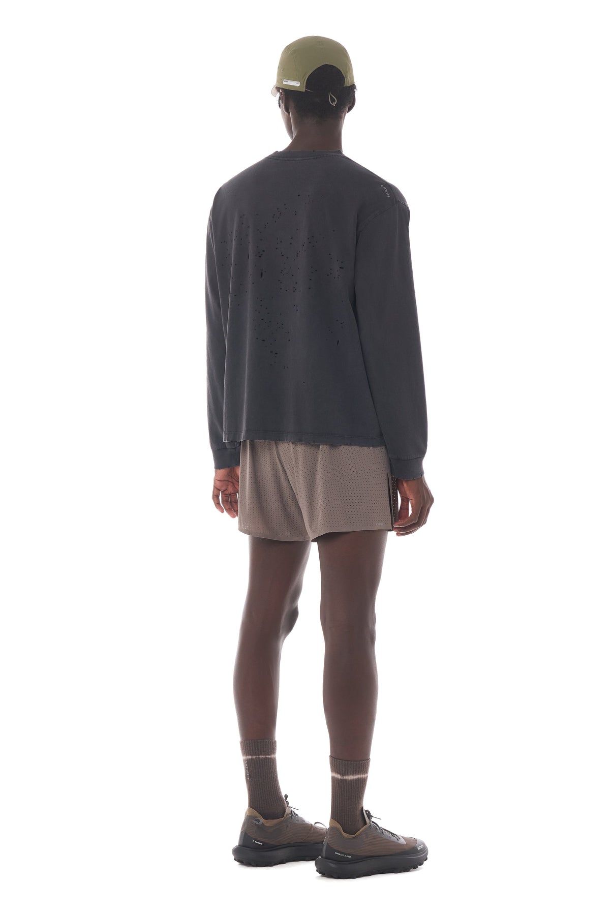 MothTech Long Tee Aged Black by Satisfy, worn full body, alternate angle