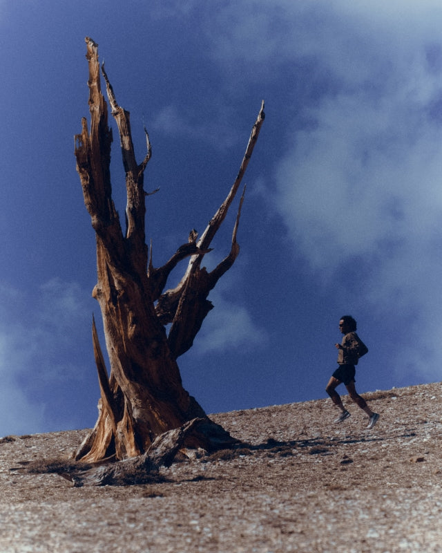 Norda 005 trail running shoe in Stealth Black, lifestyle shot on the trail
