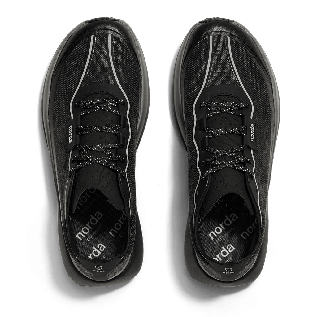 Norda 005 trail running shoe in Stealth Black, top view
