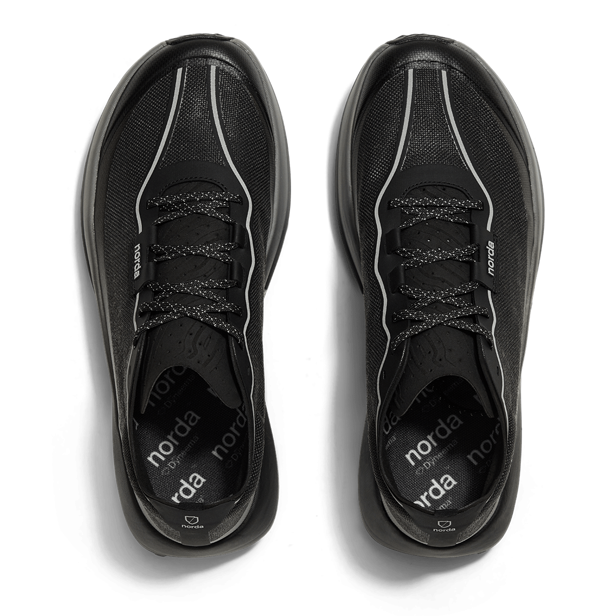 Norda 005 trail running shoe in Stealth Black, top view