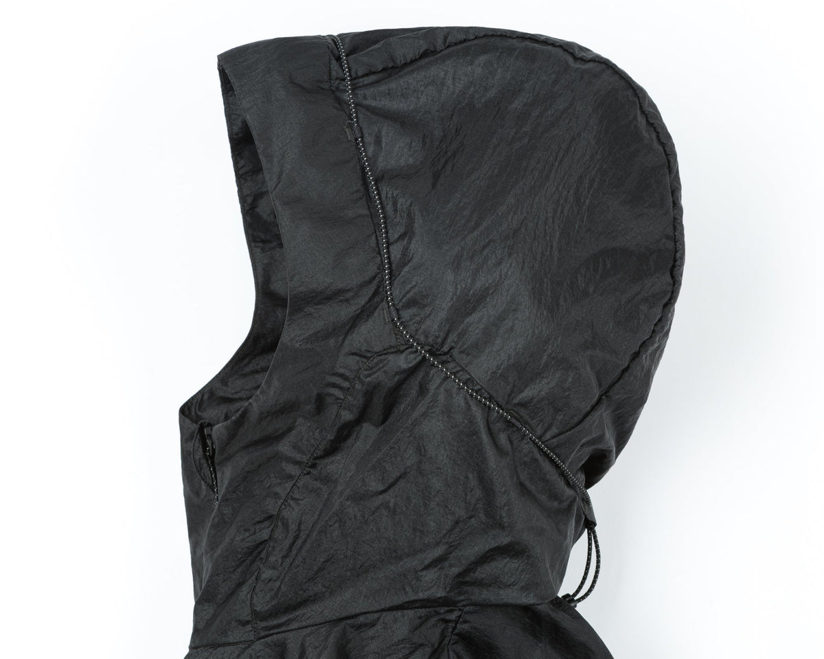 Pertex Diamond Fuse Windbreaker Black by Satisfy, hood detail